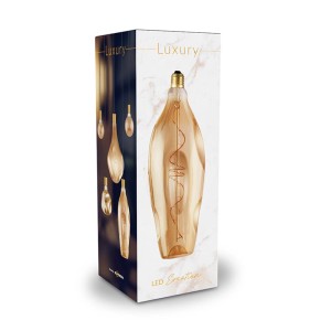 Confezione di una lampadina LED E27 t.b.t. a forma di goccia con filamento visibile.