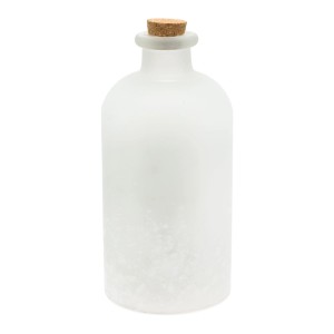 Bottiglia decorativa in vetro satinato con tappo di sughero, figura luminosa d'atmosfera per interni.