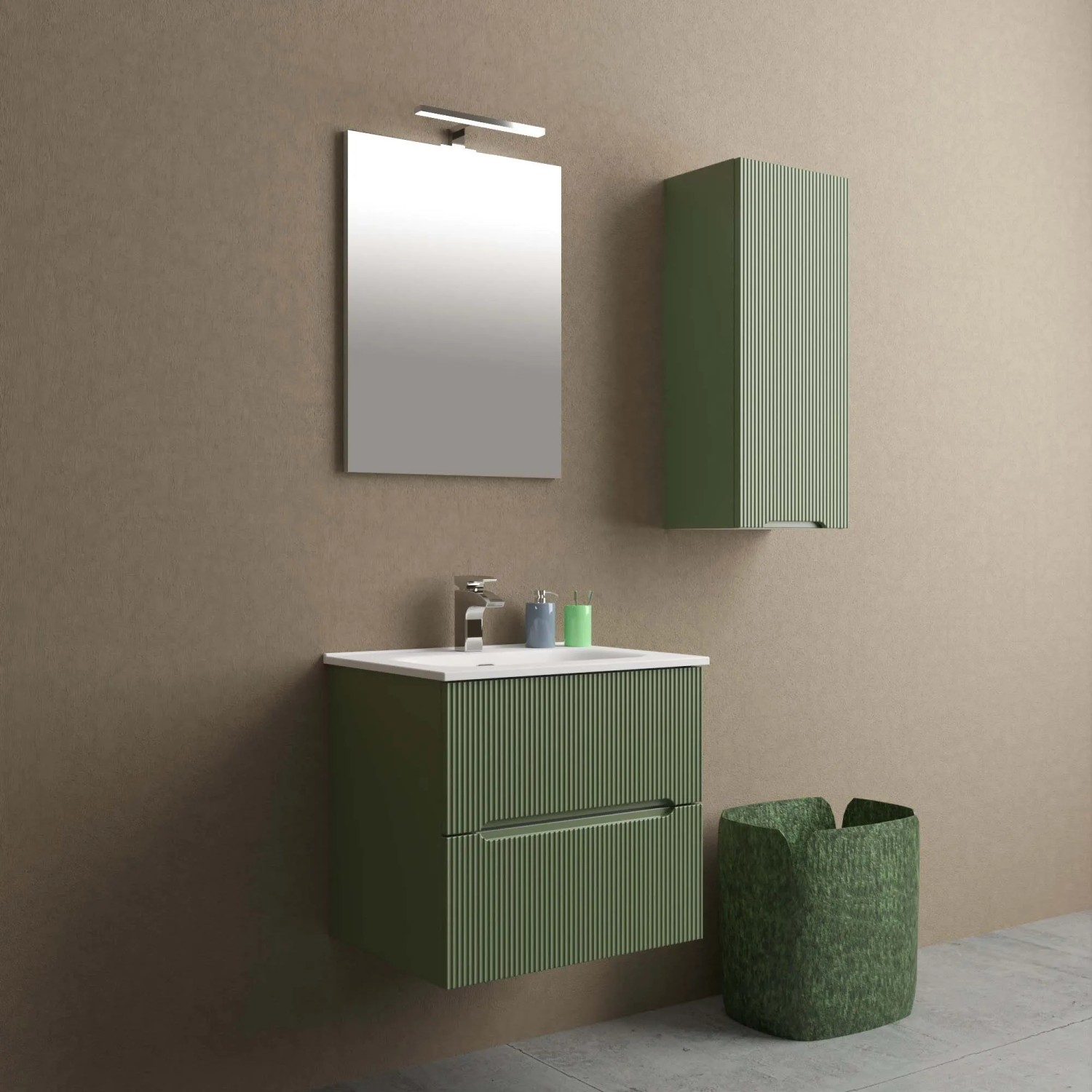 Moderno set di mobili da bagno verdi con lavabo, specchio e pensile per un design elegante del bagno.