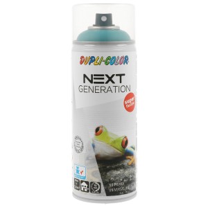 Bomboletta spray turchese con motivo a rana, adatta a diverse applicazioni.