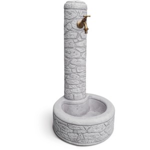Colonna fontana da giardino grigia effetto pietra con rubinetto in ottone.