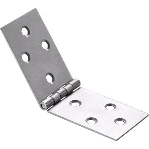 Cerniera in metallo per mobili, aperta, con fori di montaggio.