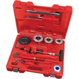 Set valigetta attrezzi Rothenberger Sanikit con leva a cricchetto, filiere, tagliatubi e pinze.