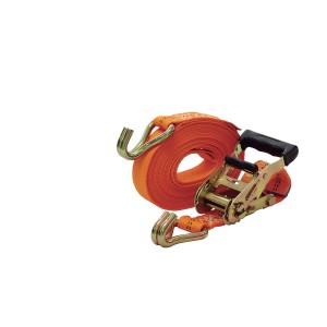 Cinghia di fissaggio arancione con cricchetto e ganci per il fissaggio del carico.