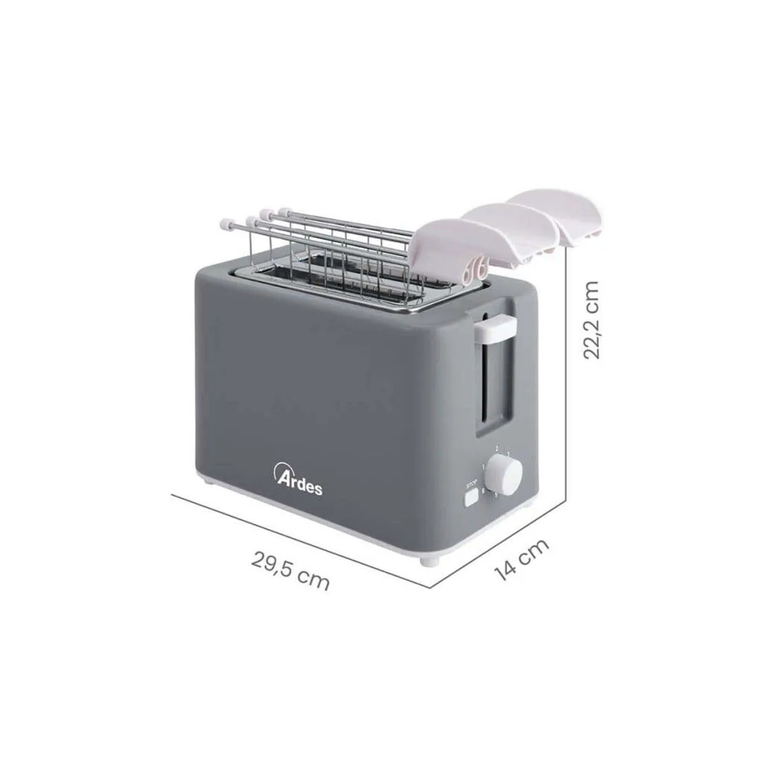 Tostapane grigio con scalda brioche e dimensioni.