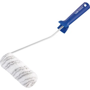 Rullo per dispersione LUX 12 cm con pelo corto in poliestere e manico blu.