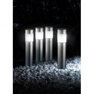 Set di 4 luci solari a LED Globo con picchetto, acciaio inox, Ø 6,5x38cm, illuminate al buio.