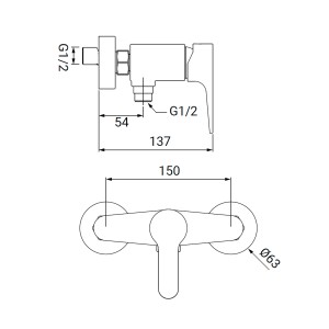 Disegno tecnico: rubinetto doccia t.b.t. con dimensioni.