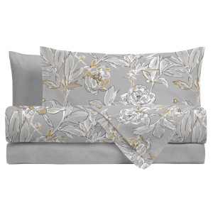 Set di lenzuola t.b.t. con motivo floreale in grigio e bianco.