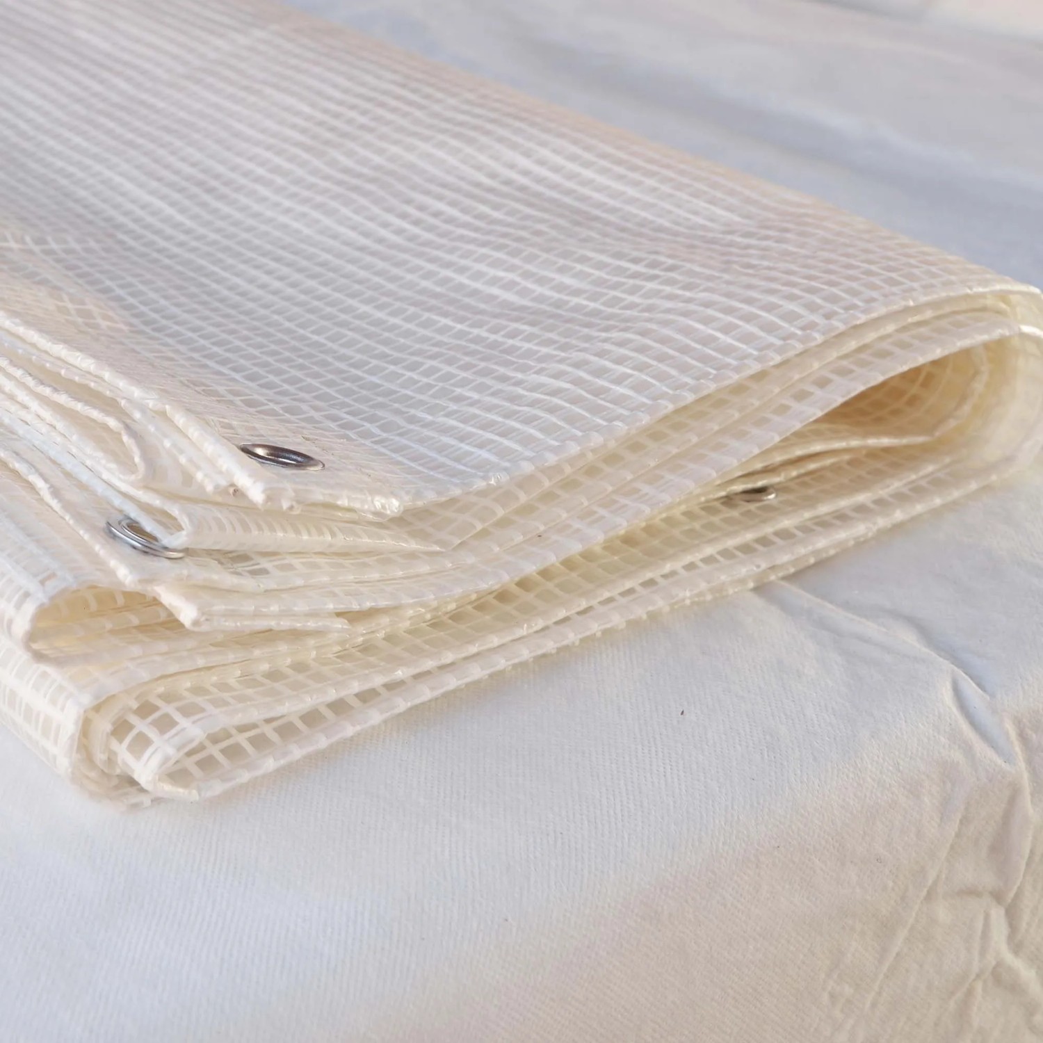 Telone di copertura trasparente, rinforzato con occhielli per il fissaggio.