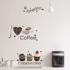 Adesivo murale con motivi di caffè: Espresso, Caffè, Cappuccino. Decorazione murale per cucina o bar.