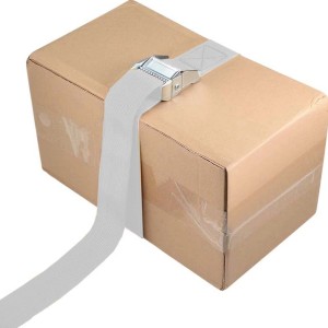 Cinghia di fissaggio grigia t.b.t. che fissa una scatola di cartone.