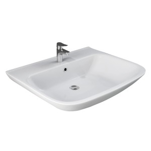 Lavabo bianco t.b.t. con rubinetto, adatto per bagni e toilette per gli ospiti.