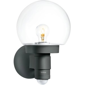 Lampada da parete per esterni Steinel L 115 S antracite con rilevatore di movimento e vetro a globo.