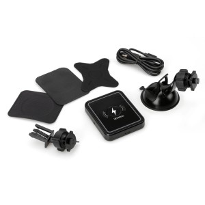 Set accessori interni auto t.b.t. con stazione di ricarica wireless, supporto a ventosa e supporto per griglia di ventilazione.