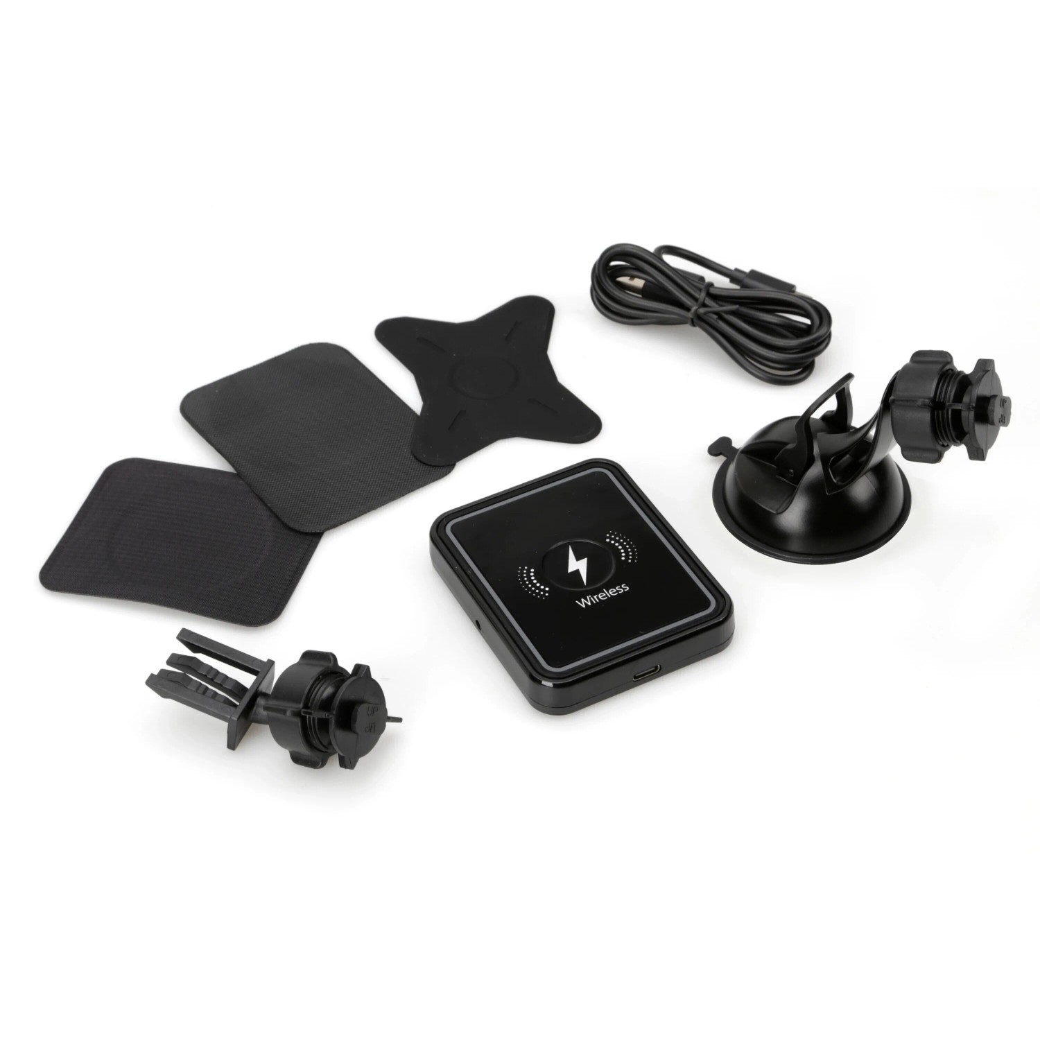 Set accessori interni auto t.b.t. con stazione di ricarica wireless, supporto a ventosa e supporto per griglia di ventilazione.