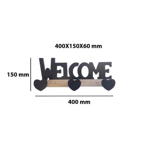 Organizer da parete nero "Welcome" con ganci a cuore, 400x150x60 mm.