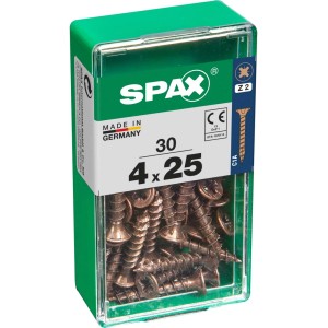 Viti per legno SPAX 4x25 mm, 30 pezzi in contenitore di plastica verde.