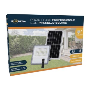 Confezione di un faretto da esterno solare t.b.t. con pannello e telecomando.