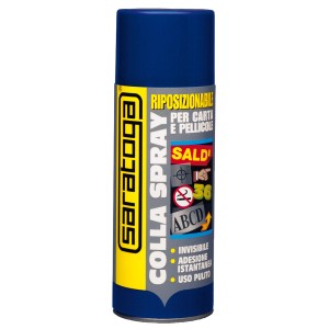 Bomboletta spray blu di t.b.t. Collanti. Adesivo riposizionabile per carta e pellicole.
