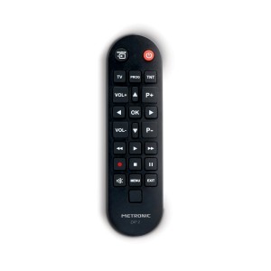 Telecomando nero per accessori TV con vari pulsanti.