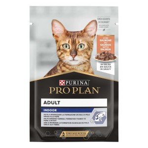 Confezione di cibo umido per gatti Pro Plan Adult Indoor con salmone in salsa.