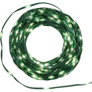 Catena luminosa da esterno verde arrotolata con LED bianco caldo.