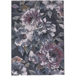 Tappeto moderno con motivo floreale in colori scuri.