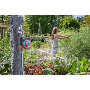 Timer per irrigazione Gardena su rubinetto in giardino, donna annaffia le piante.