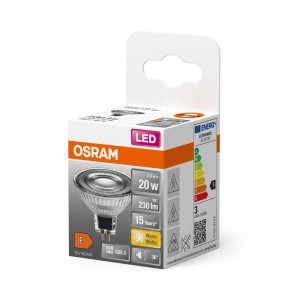 Lampadina LED OSRAM GU5.3 nella confezione. Design compatto, luce bianca calda.