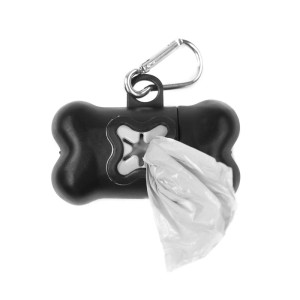 Distributore di sacchetti igienici per cani nero a forma di osso con moschettone e sacchetti.