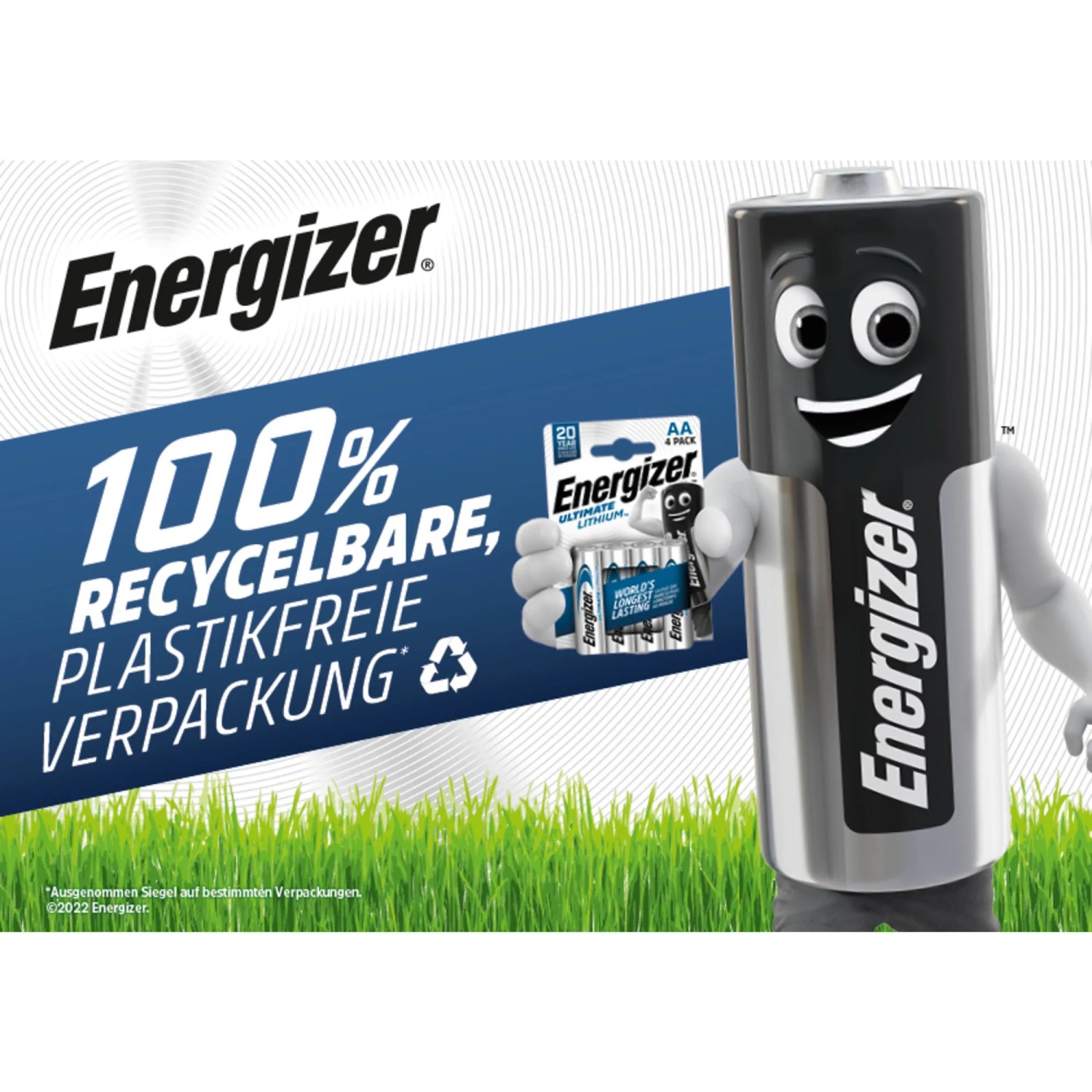 Batteria Energizer Ultimate Lithium 9V con mascotte e confezione riciclabile al 100%.