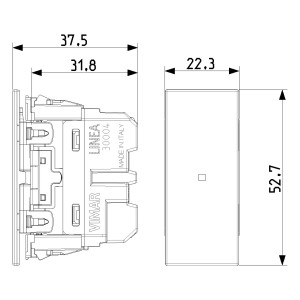 Disegno tecnico di t.b.t. interruttore/presa con dimensioni per l'installazione.