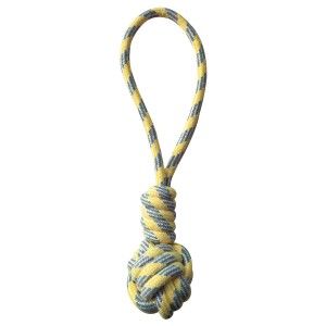 Guinzaglio/giocattolo per cani in corda giallo-grigio con nodo.
