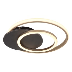 Plafoniera LED moderna con due anelli e supporto a soffitto rotondo in grigio.