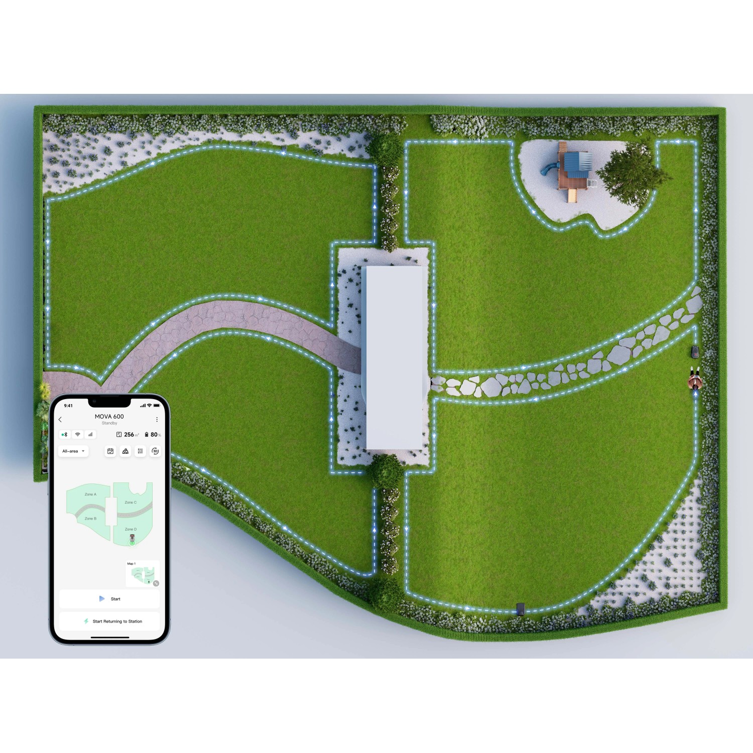 Vista dall'alto: area del prato con cavo perimetrale per robot tagliaerba t.b.t., controllato tramite app.