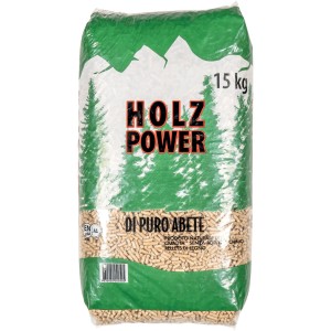 Sacco di pellet di legno, 15 kg, per stufe e riscaldamento. Combustibile in puro legno di abete.