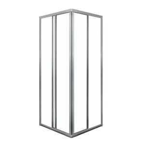 Box doccia angolare t.b.t. con telaio argento e vetro trasparente.