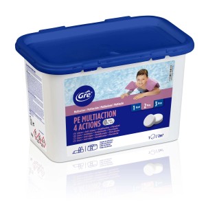 GRE Multi Action pastiglie per il trattamento dell'acqua della piscina in contenitore con coperchio blu.