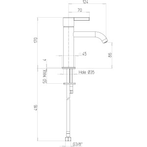 Disegno tecnico: rubinetto lavabo t.b.t. con dimensioni.