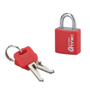 Lucchetto rosso con due chiavi. Ideale per proteggere gli oggetti di valore.