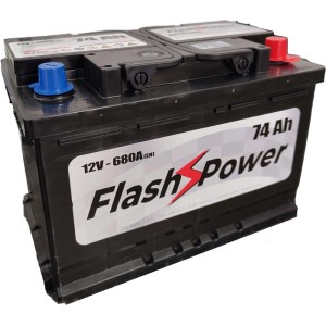 Batteria auto nera 12V 74 Ah di Flash Power per impianto elettrico auto.