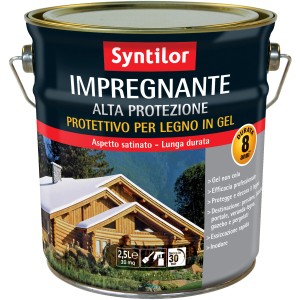 Barattolo grigio scuro di impregnante per legno Syntilor con immagine di una casa in legno.