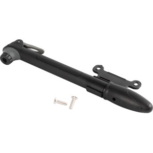 Pompa per bicicletta nera con supporto e viti per riparazione e sostituzione.