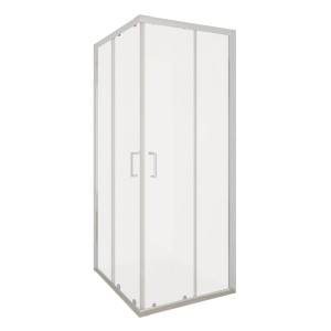 Box doccia quadrato con telaio argento e ante in vetro trasparente.