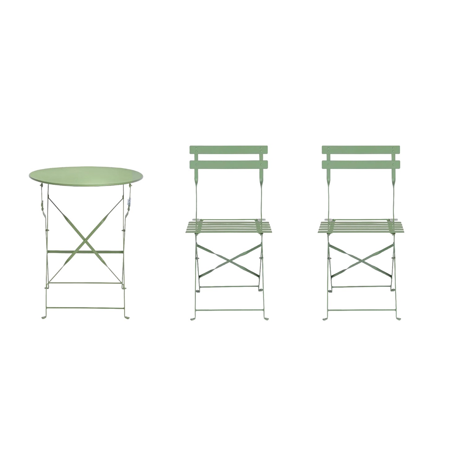 Set bistro AUSTIN verde: Tavolino pieghevole e due sedie in acciaio per terrazzo e giardino.