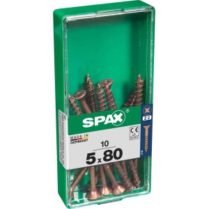 Viti per legno SPAX 5x80 mm in contenitore di plastica verde.