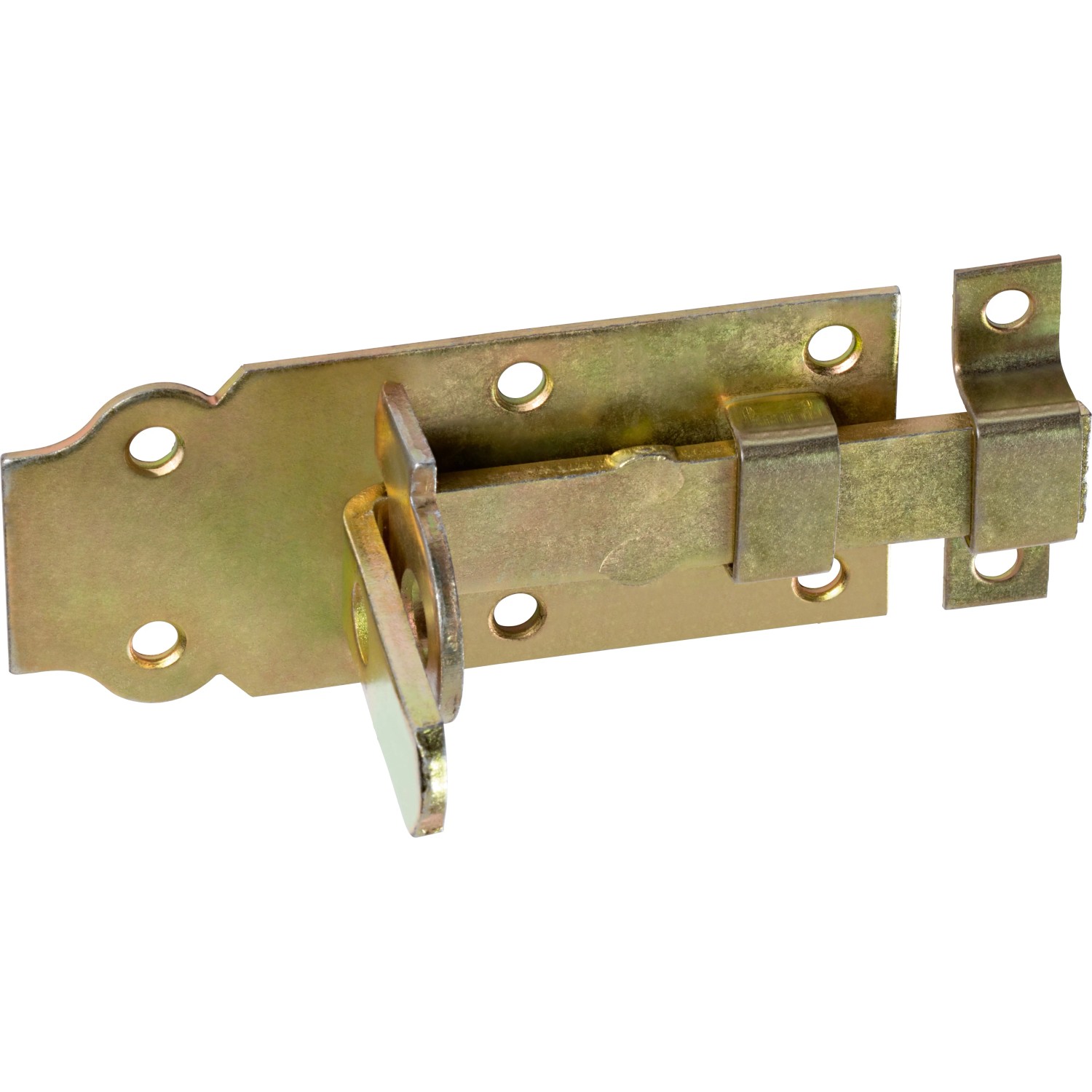 Catenaccio per porta zincato giallo, 100x45mm, per porte e cancelli, con anello per lucchetto.
