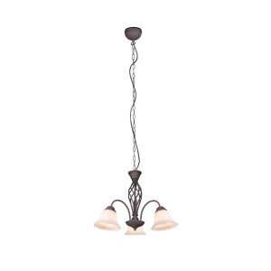 Lampadario a sospensione rustico con tre paralumi per ambienti domestici.