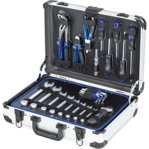 Valigetta attrezzi LUX aperta, 129 pezzi, con utensili come chiavi, pinze e cacciaviti.